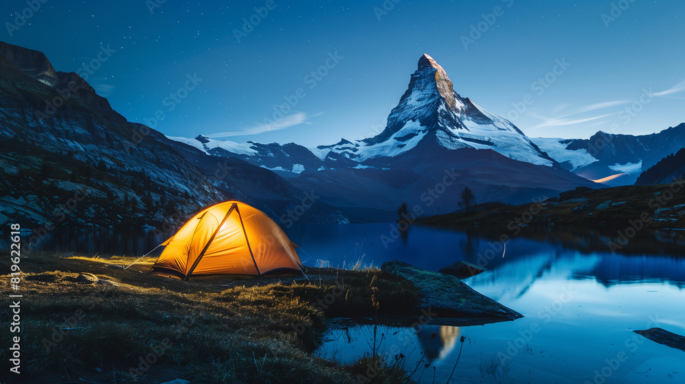 Retirement Retreat Seniors Find Serenity Camping Beneath Zermatt's Majestic Matterhorn. Nighttime. Stock photo with copy space