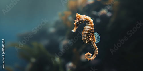 the seahorse swimming underwater, clear ocean water seabed, copy space for text