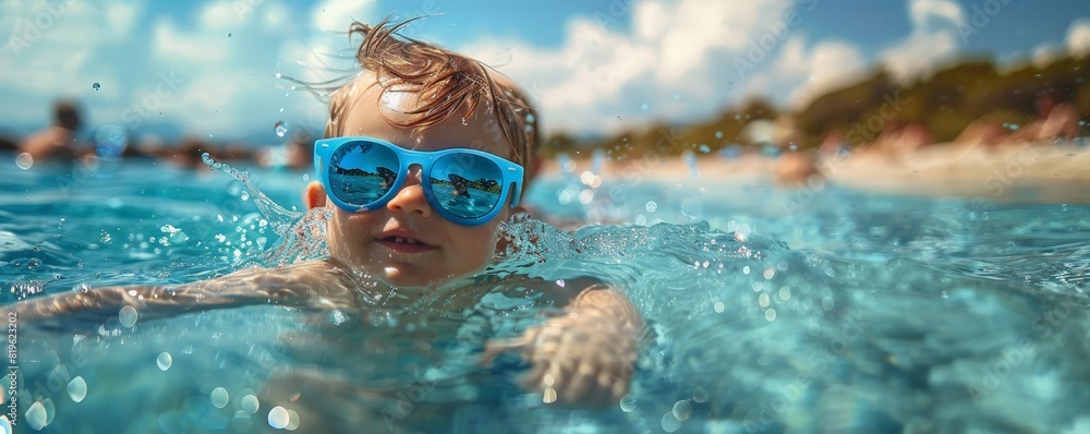 Naklejka premium A young child swimming in a pool, wearing blue sunglasses, enjoying a sunny day at the beach.