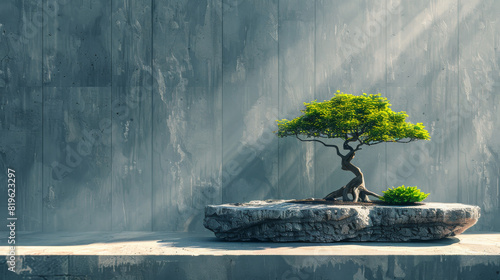a bonsai tree in a stone pot. The bonsai tree is placed on a stone slab. The background is a gray stone wall.