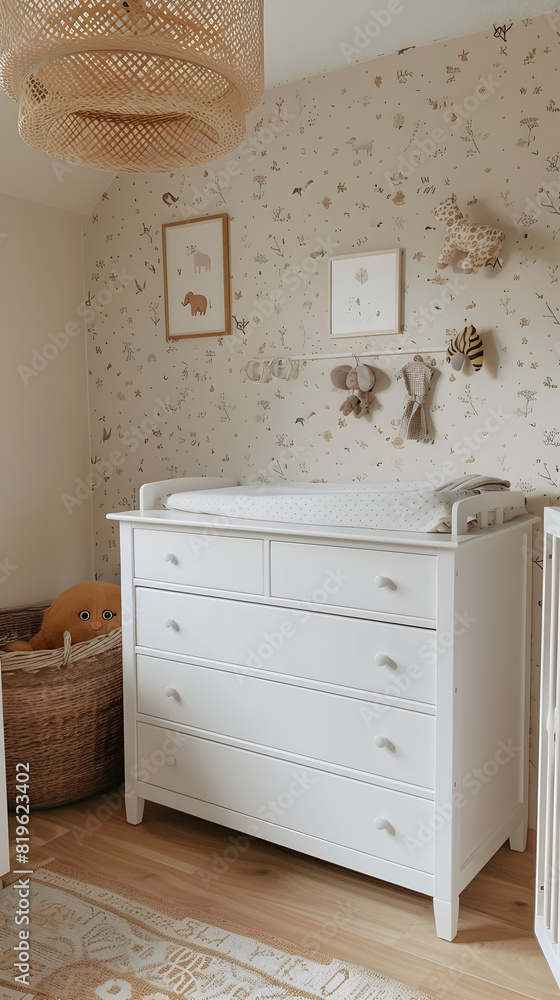 A white wooden nursery with an animal themed baby mobile. A changing table on the wall and above it is a chest of drawers. Next to that there's a cradle Ai generative A white wooden nursery with an animal themed baby mobile. A changing table on the wall and above it is a chest of drawers. Next to that there's a cradle Ai generative