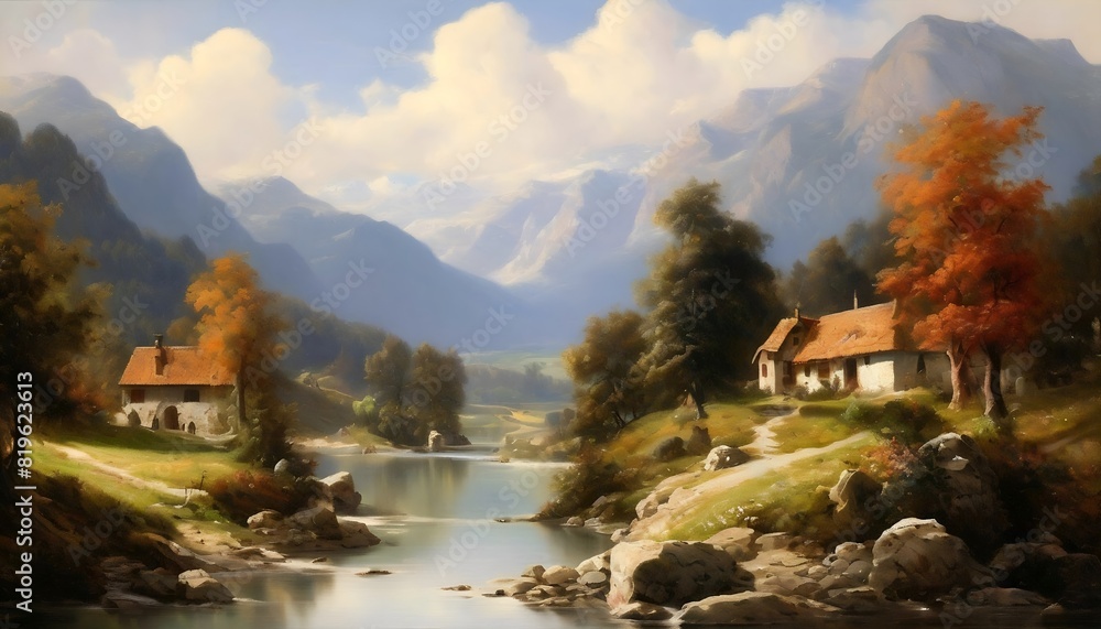 Fototapeta premium Berglandschaft, Wald, Fluss. Hintergrund für das Design 2.