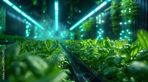 Indoor vertical farm with vibrant green plants growing under blue LED lights  showcasing modern agriculture and sustainability practices.