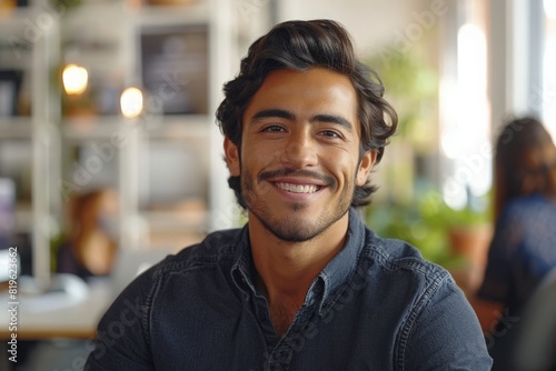 Portrait of Stylish Hispanic Businessman Works on Laptop, Does Data Analysis and Creative Designer, Looks at Camera and Smiles. Digital Entrepreneur Works on e-Commerce Startup Project 