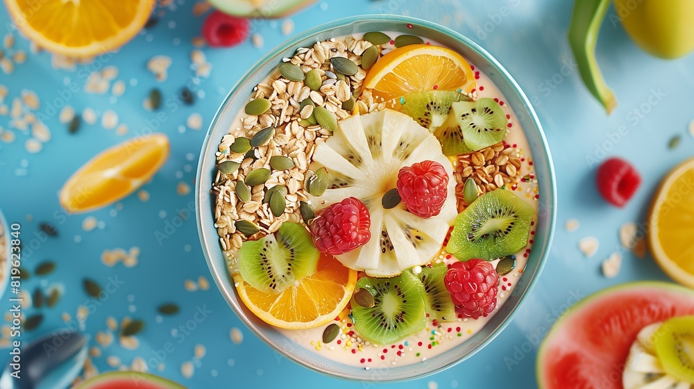 Vibrant smoothie bowl with fruit, seeds, and granola - a healthy visual feast. Vibrant smoothie bowl with fruit, seeds, and granola - a healthy visual feast.