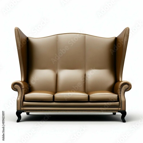 Gray three-seater sofa with high back and leather upholstery on legs. Isolated, transparent background, cutout, mockup for graphic design photo