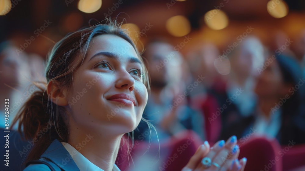 Young Female Sitting in a Crowded Audience at a Science Conference. Delegate Cheering and Applauding After an Inspirational Keynote Speech. Auditorium with Young Successful Specialist
