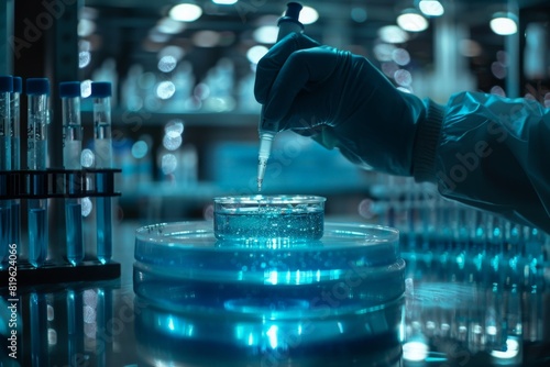 A scientist holds a petri dish uses a pipette to remove a sample of solution. In the background is a stack of petri dishes and two test tube racks which suggest the sterile environment of a laboratory photo