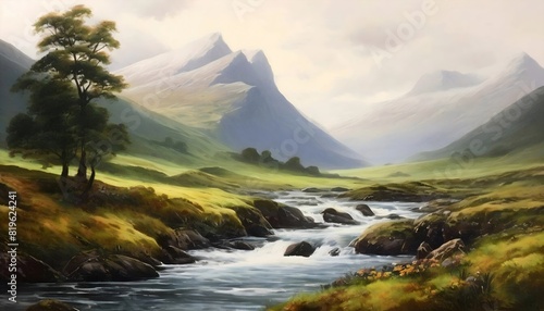 Abstraktion Landschaft nebligen Morgen auf einem Bergfluss. Hintergrund f  r das Design 2.
