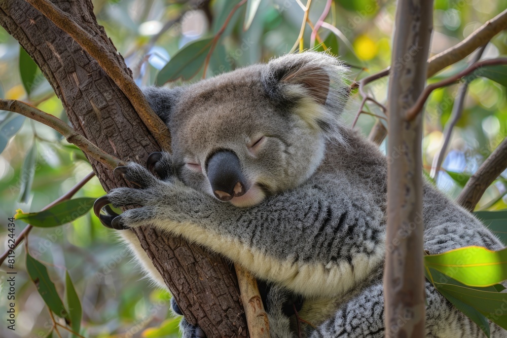 Australien. Cute Koala Sleeping on Twig in Australian Forest Habitat Australien. Cute Koala Sleeping on Twig in Australian Forest Habitat
