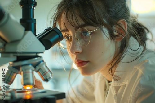A young female biochemist looking at a microscope during research  photo