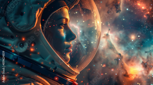 The astronaut is wearing a spacesuit and looking at the stars. The background is a colorful nebula. photo