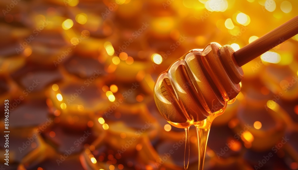 Golden honey dripping from a wooden dipper onto a honeycomb background, capturing the natural sweetness and artisanal quality of honey Golden honey dripping from a wooden dipper onto a honeycomb background, capturing the natural sweetness and artisanal quality of honey