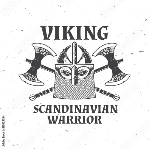 Viking warrior logo, badge, sticker. Vector illustration. For emblems, labels and patch. Monochrome style viking in helmet with crossed Double Axe