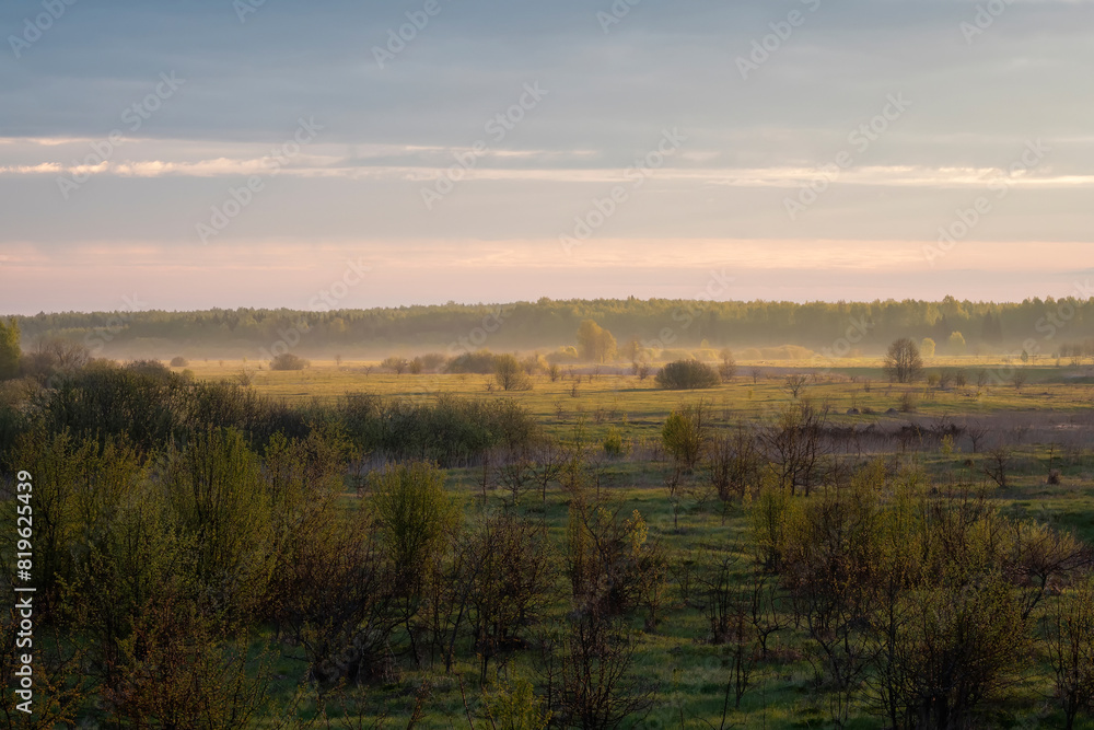 sunrise and morning fog in spring over a field with trees
