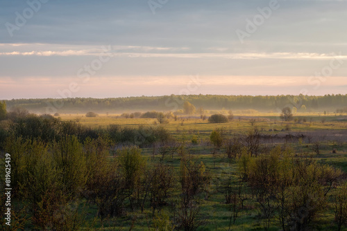 sunrise and morning fog in spring over a field with trees