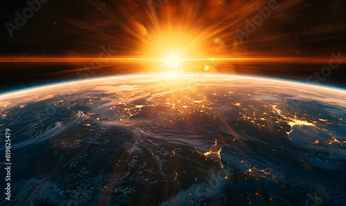 A Sunrise View from the Space Focusing on the Golden Hour sun light, Galaxy and space concept a stunning view of a sunrise over the earth, with rays of light illuminating the globe Solar eclipse.