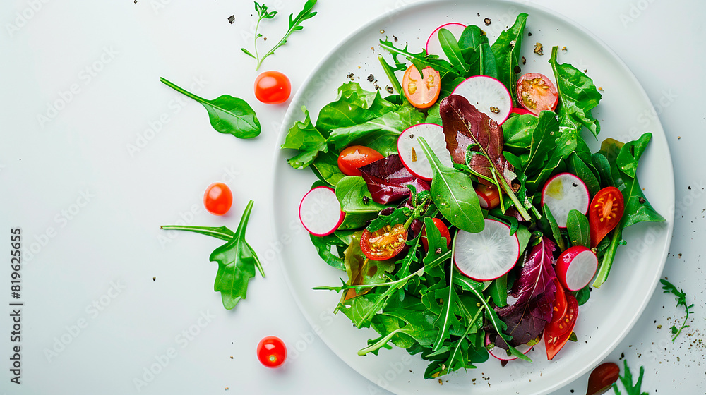 Fresh green salad with radishes, cherry tomatoes, and mixed greens on a white plate Fresh green salad with radishes, cherry tomatoes, and mixed greens on a white plate