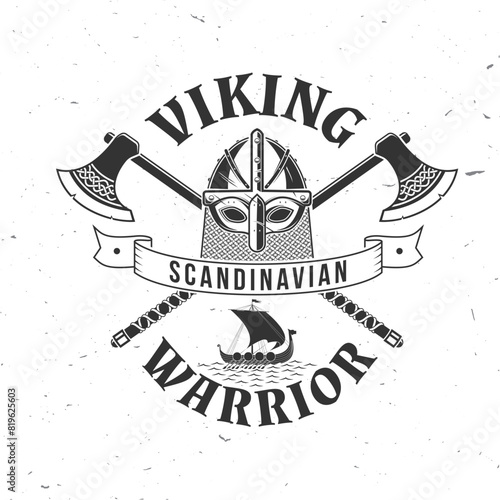 Viking warrior logo, badge, sticker. Vector illustration. For emblems, labels and patch. Monochrome style ship, viking in helmet with crossed axe