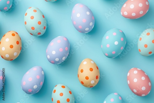 Colorful polka dot Easter eggs on pastel blue background  flat lay  top view  pattern
