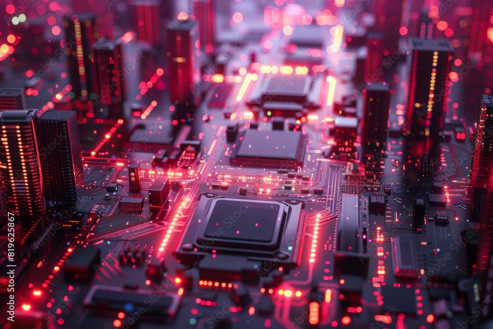 Futuristic city integrated on CPU and motherboard digital chip. Tech science background