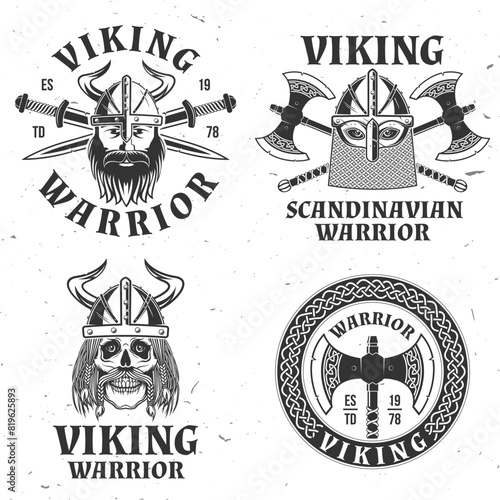 Set of viking warrior logos, badges, stickers. Vector illustration. For emblems, labels and patch. Monochrome style viking in helmet with crossed battle sword and axe