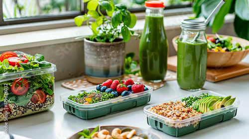 Healthy meal prep containers with various nutritious foods, showcasing balanced diet and clean eating