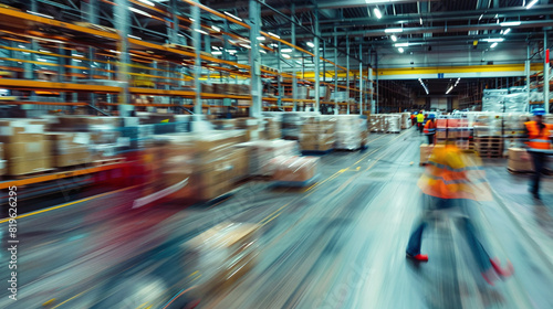 Motion blur of logistics employees working in an international warehouse. Ai generate.