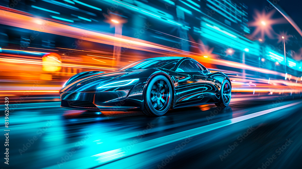 Futuristic car speeding on a neon-lit city highway at night Futuristic car speeding on a neon-lit city highway at night