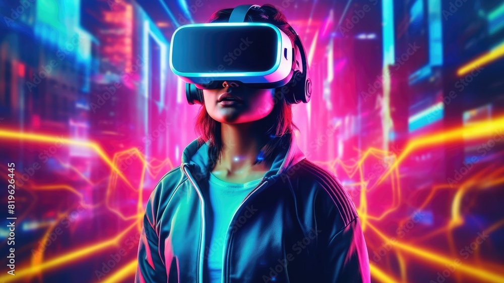 People wearing VR goggle while enter metaverse with neon color background. People with VR headset against abstract neon pattern background. Concept of virtual reality and futuristic technology. AIG35.