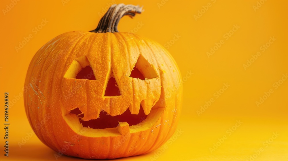 Autumn Pumpkin. Halloween Jack-O-Lantern Decorations on Yellow-Orange Background Autumn Pumpkin. Halloween Jack-O-Lantern Decorations on Yellow-Orange Background