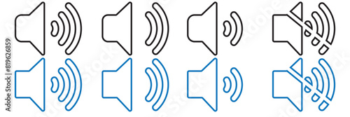 Speaker Volume vector illustration set. Mute and silent audio broadcast noise sign suitable for apps and websites UI design style.
