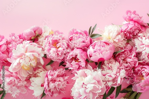 Wedding Invitation Floral. Amazing Bouquet of Blooming Peonies on Bright Pink Background