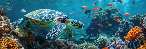 Sea Life  Hawksbill Sea Turtle Swimming Among Coral Reef in Indian Ocean