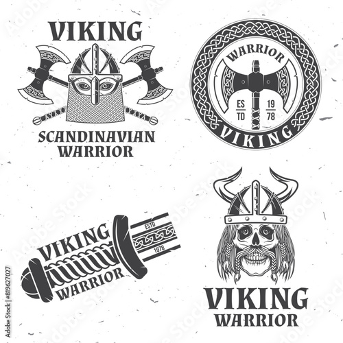 Set of viking warrior logos, badges, stickers. Vector illustration. For emblems, labels and patch. Monochrome style viking in helmet with crossed battle sword and axe
