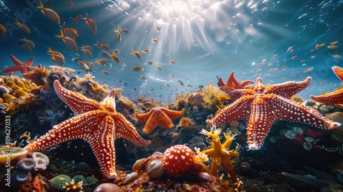 A group of red and white starfish are swimming in the ocean. The scene is lively and colorful, with many fish swimming around the starfish. The bright colors of the starfish