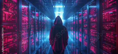 Cybersecurity vulnerability  hacker, coding, malware concept. Hooded computer hacker in cybersecurity vulnerability Log4J on server room background. metaverse digital world technology photo