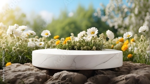 Round white stone with pedestal mock-up, showcase banner, podium, display, and flowers surrounding it for a product presentation in a springtime field photo