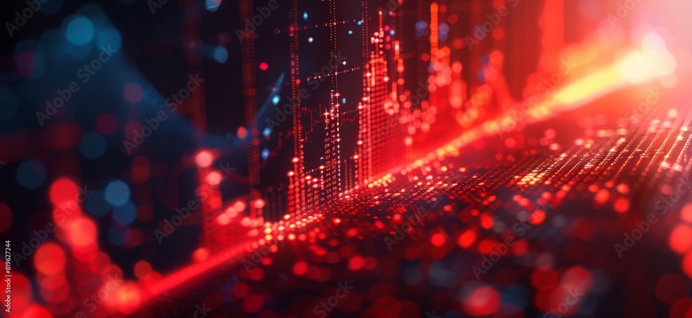 Downward red business chart on blurry background. Crisis, recession and financial failure concept. 3D Rendering Downward red business chart on blurry background. Crisis, recession and financial failure concept. 3D Rendering