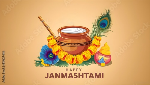 happy janmashtami poster illustration, sri krishna janmashtami banner, 1 saptember, hindu lord krishna birth ceromany art. photo