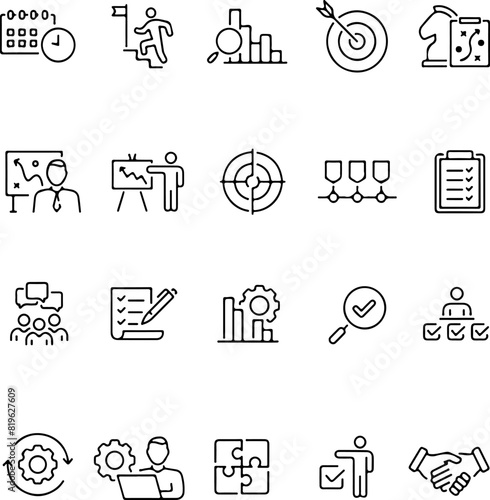 Pixel perfect icon set of action plan schedule plan implementation strategy analysis collaboration check. Thin line icons flat vector illustrations isolated on white transparent background