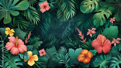 Tropical floral background with vibrant hibiscus and other exotic flowers amidst lush green foliage  creating a vibrant and lush scene.