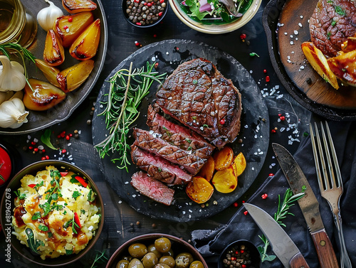 a delicious looking steak with an assortment of sides