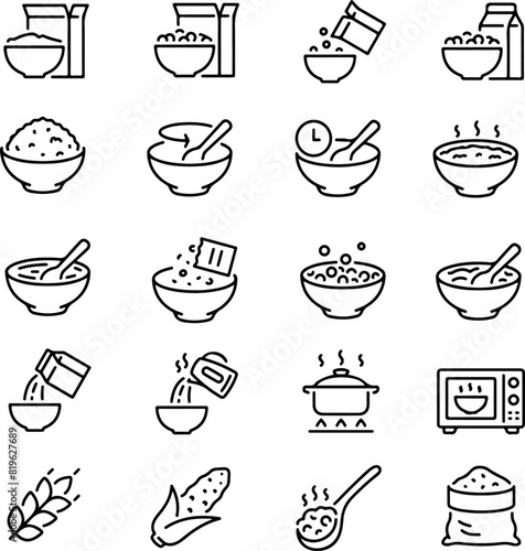 Pixel perfect icon set of breakfast oatmeal cereals. Thin line icons flat vector illustrations isolated on white transparent background