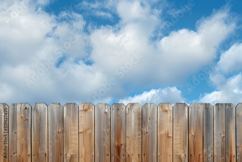 Wood Fence. Privacy Barrier in Suburban Neighborhood Against Blue Cloudy Sky