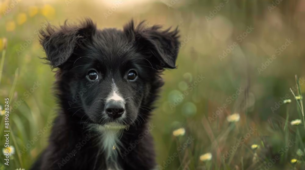 Border Black. Black Border Collie Puppy Playing in Meadow with Copy Space