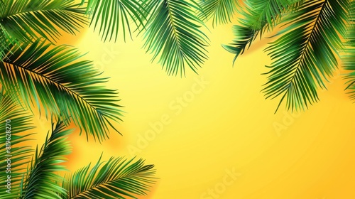 Palm tree with tropical leaves on a yellow background with a place for text. The concept of recreation, tourism and sea travel.