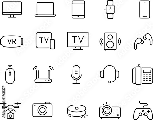 Pixel perfect icon set of tech technology device tv drone robot game controller phone headphones projector tablet laptop vr. Thin line icons flat vector illustration isolated on transparent background