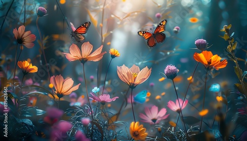 Write a poem describing the dance of colorful flowers and butterflies in a quiet forest photo