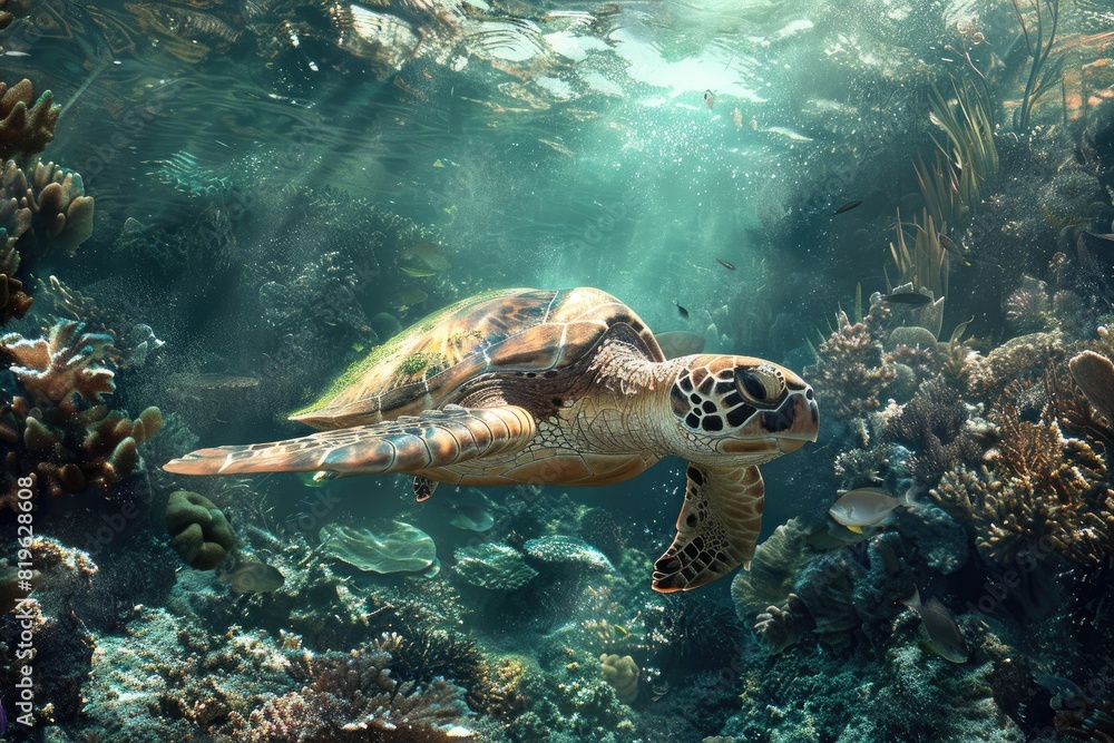 Obraz premium A turtle swimming in the ocean with fish swimming around it